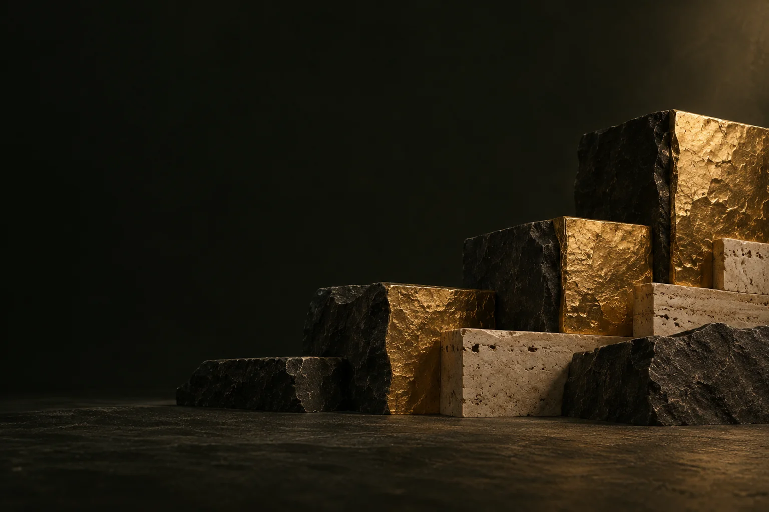 Rough stone and hammered gold blocks rising out of deep olive shadows